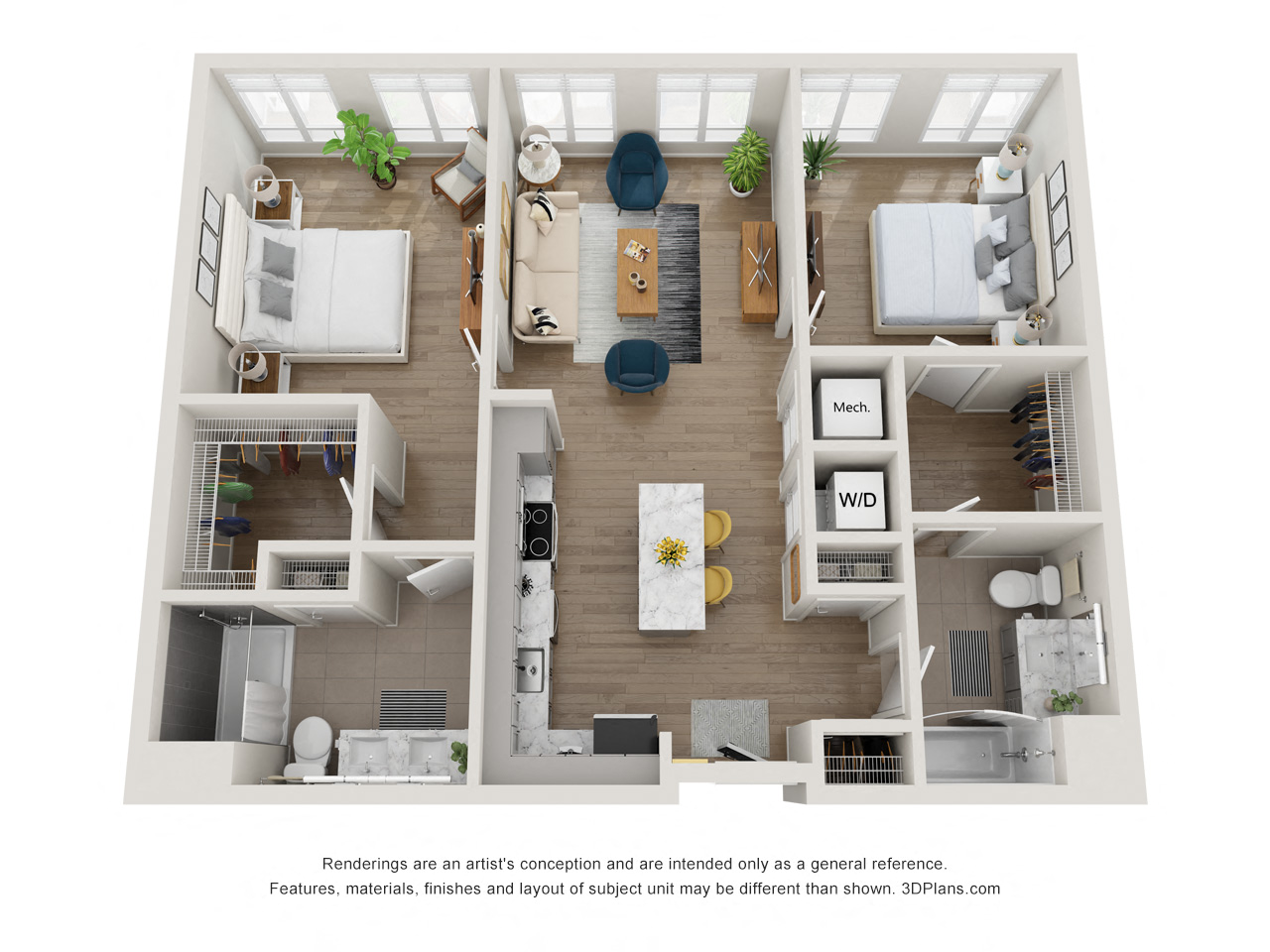 Floor plan for 2 beds, 2 baths, 1026 sqft